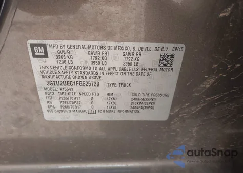 2015 GMC Sierra 1500 Sle z USA, uszkodzony, nr VIN 3GTU2UEC1FG525739